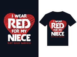 je porte du rouge pour ma nièce illustrations de sensibilisation aux maladies cardiaques pour la conception de t-shirts prêts à imprimer vecteur