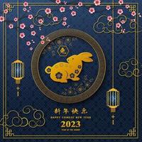 joyeux nouvel an chinois 2023, année du lapin avec élément asiatique et fleur de cerisier sur fond bleu vecteur