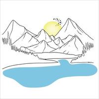 dessin au trait de montagne, dessin de paysage minimaliste, dessin de contour de lac, croquis simple, illustration de lever de soleil, vecteur graphique