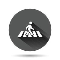 icône de passage pour piétons dans un style plat. illustration vectorielle de signe de passerelle de personnes sur fond rond noir avec effet d'ombre portée. concept d'entreprise de bouton de cercle de navigation. vecteur