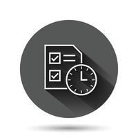 icône de temps de contrat dans un style plat. document avec illustration vectorielle horloge sur fond rond noir avec effet d'ombre portée. concept d'entreprise bouton cercle date limite. vecteur