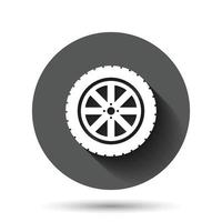 icône de roue de voiture dans un style plat. illustration vectorielle de pièce de véhicule sur fond rond noir avec effet d'ombre portée. concept d'entreprise de bouton de cercle de pneu. vecteur