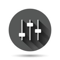 icône de volume de contrôle dans un style plat. illustration vectorielle de signe de réglage audio sur fond rond noir avec effet d'ombre portée. concept d'entreprise de bouton de cercle de filtre. vecteur