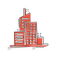 icône de bâtiment dans le style comique. ville gratte-ciel appartement dessin animé illustration vectorielle sur fond blanc isolé. concept d'entreprise d'effet d'éclaboussure de la tour de la ville. vecteur
