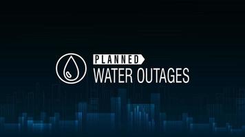 pannes d'eau prévues, affiche bleue avec logo d'avertissement et ville en style numérique sur fond vecteur