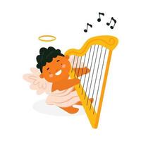 mignon petit cupidon jouant de la harpe. St. personnage de la saint-valentin. illustration de vecteur de dessin animé pour carte de voeux et design. adorable bébé ange.