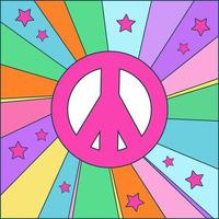 icône, autocollant dans le style d'un hippie avec un signe de paix sur fond de rayons colorés avec des étoiles vecteur