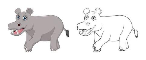 hippopotame de dessin animé heureux avec dessin au trait, page de couleur de croquis d'hippopotame isolée sur fond blanc. vecteur