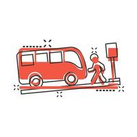 icône de la gare routière dans le style comique. illustration vectorielle de dessin animé d'arrêt automatique sur fond blanc isolé. concept d'entreprise d'effet d'éclaboussure de véhicule autobus. vecteur