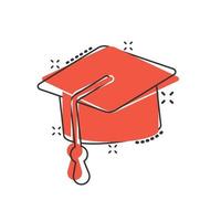 icône de chapeau de graduation dans le style comique. illustration de vecteur de dessin animé de cap étudiant sur fond blanc isolé. concept d'entreprise d'effet d'éclaboussure de l'université.