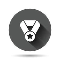 icône de la médaille dans un style plat. signe de prix illustration vectorielle sur fond rond noir avec effet d'ombre portée. concept d'entreprise de bouton de cercle de récompense de trophée. vecteur