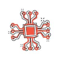icône de puce informatique dans le style comique. illustration de vecteur de dessin animé de carte de circuit imprimé sur fond blanc isolé. concept d'entreprise d'effet d'éclaboussure du processeur cpu.