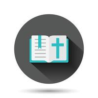 icône de livre biblique dans un style plat. illustration vectorielle de foi de l'église sur fond rond noir avec effet d'ombre portée. concept d'entreprise de bouton de cercle de spiritualité. vecteur