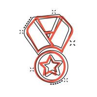 icône de la médaille dans le style comique. illustration vectorielle de signe de dessin animé de prix sur fond blanc isolé. concept d'entreprise d'effet d'éclaboussure de prix de trophée. vecteur