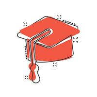 icône de chapeau de graduation dans le style comique. illustration de vecteur de dessin animé de cap étudiant sur fond blanc isolé. concept d'entreprise d'effet d'éclaboussure de l'université.