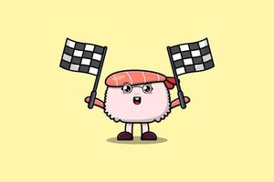 personnage de dessin animé mignon crevettes sushi tenir le drapeau de la course vecteur