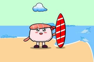 personnage de dessin animé mignon crevettes sushi jouer au surf vecteur