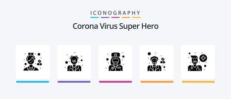 pack d'icônes glyphe 5 de super-héros du virus corona, y compris le pharmacien. santé. vieux médecin. femelle. soins de santé. conception d'icônes créatives vecteur