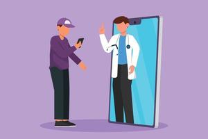 dessin animé à plat dessinant un patient masculin tenant un smartphone debout face à un smartphone géant et consultant un médecin masculin. médecin en ligne ou concept de soins de santé numérique. illustration vectorielle de conception graphique vecteur