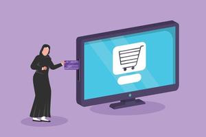 conception graphique à plat dessin femme arabe insérant une carte de crédit dans un grand écran avec un panier à l'intérieur. e-shop, paiement numérique et concept de boutique en ligne. illustration vectorielle de style dessin animé vecteur