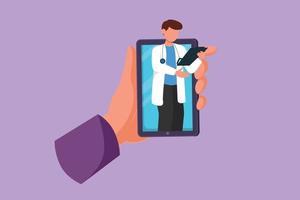 conception graphique à plat dessinant la main tenant le smartphone et il y a un médecin de sexe masculin sortant de l'écran du smartphone tenant le presse-papiers. concept de consultation numérique en ligne. illustration vectorielle de style dessin animé vecteur