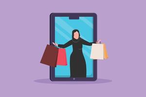 personnage plat dessinant une femme arabe sortant d'un grand écran de smartphone avec des sacs à provisions. vente, mode de vie numérique, consumérisme. technologie de boutique en ligne. illustration vectorielle de dessin animé vecteur