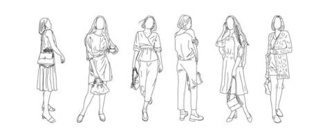 dessin linéaire de filles annonçant divers modèles de sacs. illustration vectorielle. vecteur