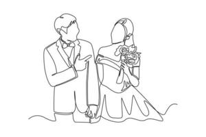 une ligne continue dessinant un jeune couple marié se regardant tout en se tenant la main. notion de mariage. illustration graphique vectorielle de dessin à une seule ligne. vecteur