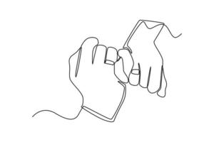 une ligne continue dessinant les mains de l'homme et de la femme avec des alliances. notion de mariage. illustration graphique vectorielle de dessin à une seule ligne. vecteur
