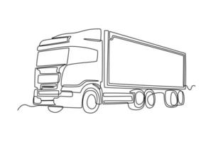 une ligne continue dessinant le transport de camions de fret avec des conteneurs. notion de fret. illustration graphique vectorielle de dessin à une seule ligne. vecteur