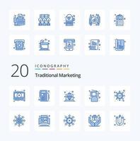20 pack d'icônes de couleur bleue de marketing traditionnel comme la stratégie et l'ordinateur de la personne royale vecteur