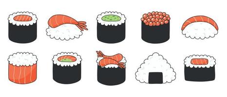 ensemble de sushis de style kawaii. mignons sushis japonais. illustration vectorielle. style bande dessinée. logo du restaurant de sushis. vecteur