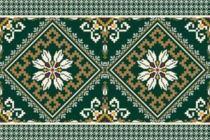 broderie florale au point de croix sur fond vert. motif oriental ethnique géométrique traditionnel. illustration vectorielle abstraite de style aztèque. conception pour la texture, le tissu, les vêtements, l'emballage, la décoration, l'écharpe. vecteur