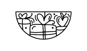 constructeur de boîte cadeau coeur vecteur saint valentin dessiné à la main dans un cadre demi-rond. logo d'illustration de composition d'amour romantique pour carte de voeux, vacances isolées de conception web