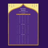 conception du calendrier du ramadan 2023. modèle de maquette de calendrier, dua du calendrier islamique et horaire de l'horaire prêt à imprimer illustration vectorielle vecteur