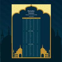 conception du calendrier du ramadan 2023. modèle de maquette de calendrier, dua du calendrier islamique et horaire de l'horaire prêt à imprimer illustration vectorielle vecteur