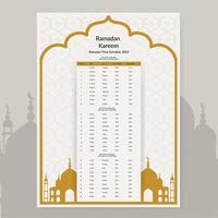 conception du calendrier du ramadan 2023. modèle de maquette de calendrier, dua du calendrier islamique et horaire de l'horaire prêt à imprimer illustration vectorielle vecteur