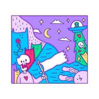 crâne drôle tenant un drapeau avec chat, lapin et vaisseau extraterrestre, illustration pour t-shirt, autocollant ou marchandise vestimentaire. avec un style doodle, rétro et dessin animé. vecteur