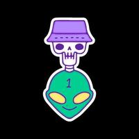 tête extraterrestre avec crâne portant un chapeau de seau, illustration pour t-shirt, autocollant ou marchandise vestimentaire. avec un style doodle, rétro et dessin animé. vecteur