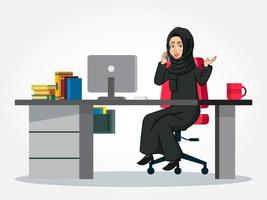 personnage de dessin animé de femme d'affaires arabe en vêtements traditionnels assis à son bureau, parlant au téléphone intelligent vecteur
