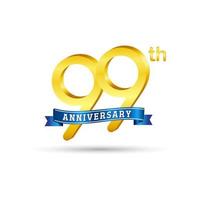 Logo du 99e anniversaire d'or avec ruban bleu isolé sur fond blanc. logo d'anniversaire d'or 3d vecteur