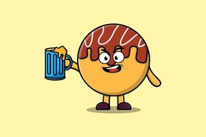 personnage de dessin animé mignon takoyaki avec verre à bière vecteur