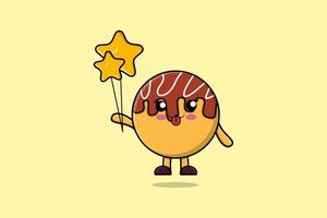 takoyaki de dessin animé mignon flottant avec un ballon étoile vecteur
