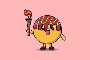 illustration dessin animé takoyaki tenant une torche de feu vecteur