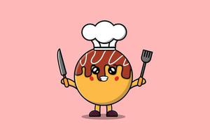 chef takoyaki dessin animé mignon tenant un couteau et une fourchette vecteur