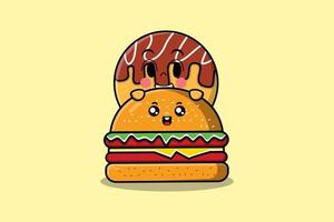 personnage de dessin animé mignon takoyaki se cachant dans un hamburger vecteur