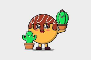 personnage takoyaki de dessin animé mignon tenant une plante de cactus vecteur