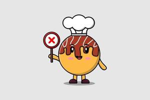 le chef takoyaki de dessin animé mignon tient le mauvais panneau vecteur