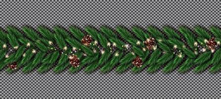 bordure de sapin de sapin de noël avec guirlande et cône sur fond transparent. vecteur