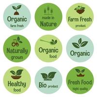 aliments biologiques, produits naturels et logo, autocollants et badges de vie saine. vecteur